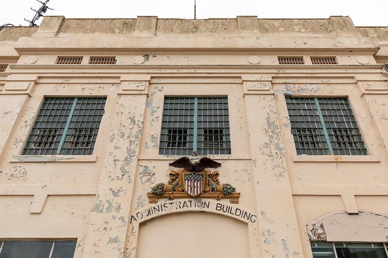The Administration Building on Alcatraz, its eagle crest over the door