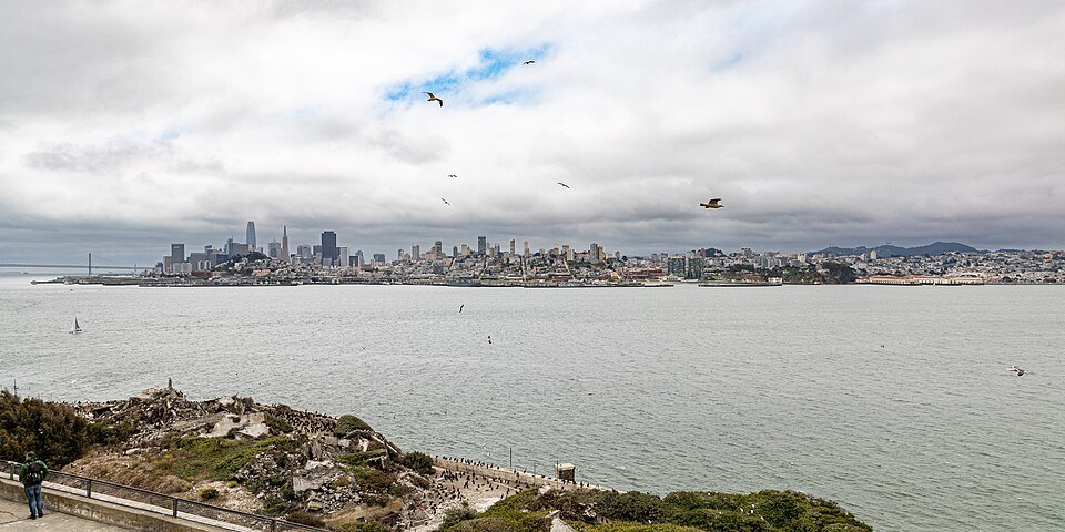 The city skyline across the water from the slopes of Alcatraz