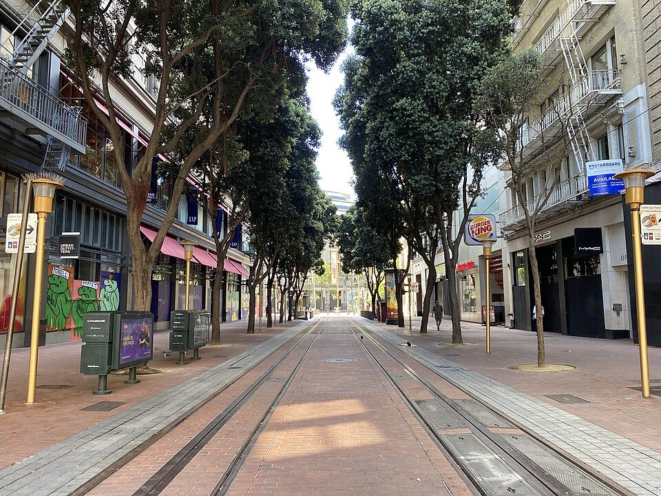 The cable car tracks on Powell Street, shaded by trees near the turntable