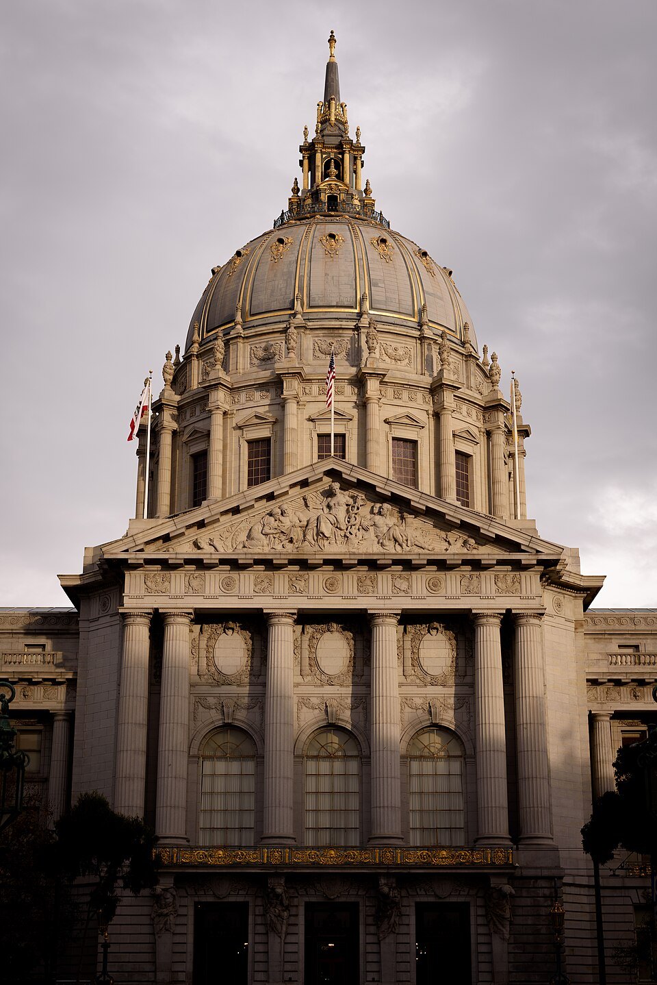 City Hall's dome and portico at dusk