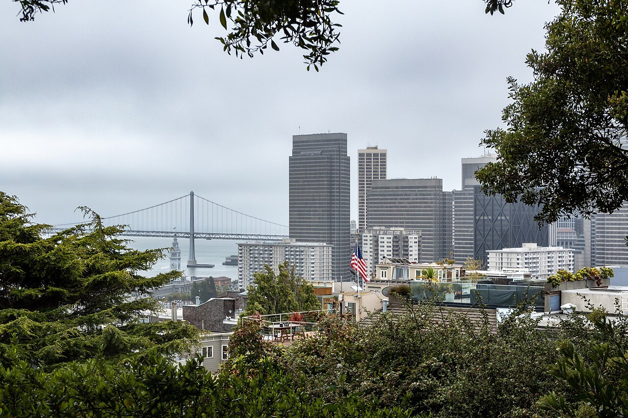 Downtown towers and the Bay Bridge from Pioneer Park on Telegraph Hill