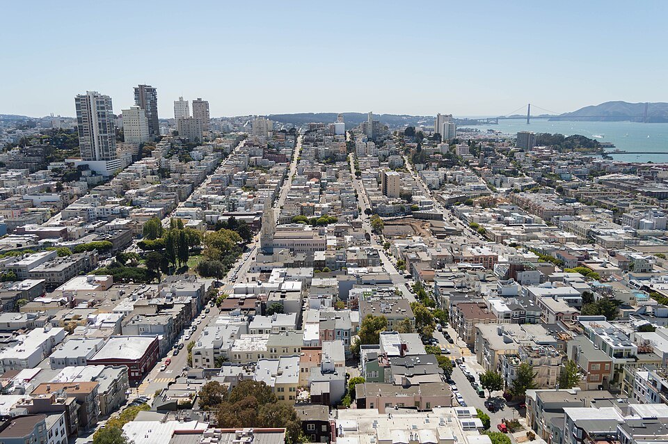 Russian Hill and the Marina from the top of Coit Tower, the Golden Gate in the distance