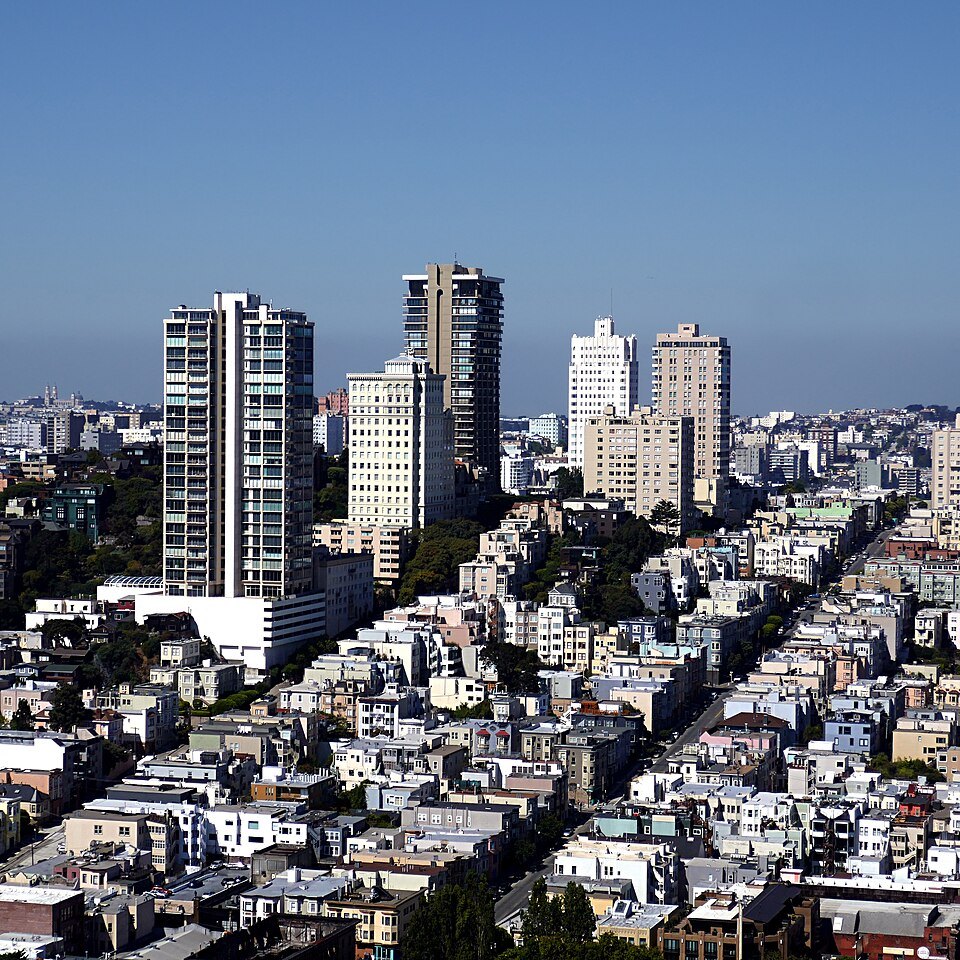 The towers and rooftops of Russian Hill from Coit Tower