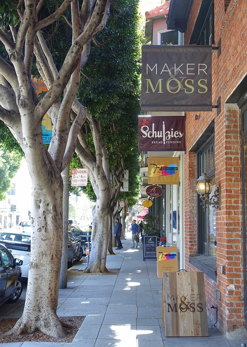Shopfronts under the trees on a Hayes Valley street