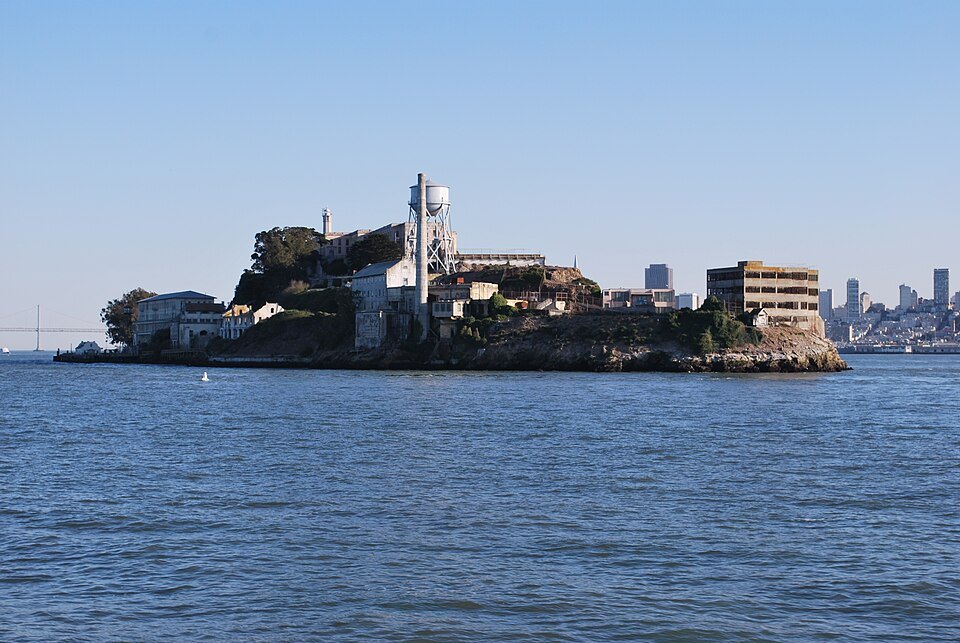 Alcatraz from the deck of a ferry, the skyline to the right