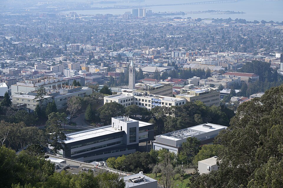The University of California campus in Berkeley from the hills above, its Campanile at the center