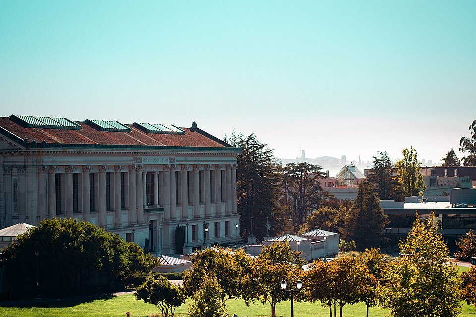 Doe Library and Memorial Glade on the Berkeley campus, the bay hazy beyond