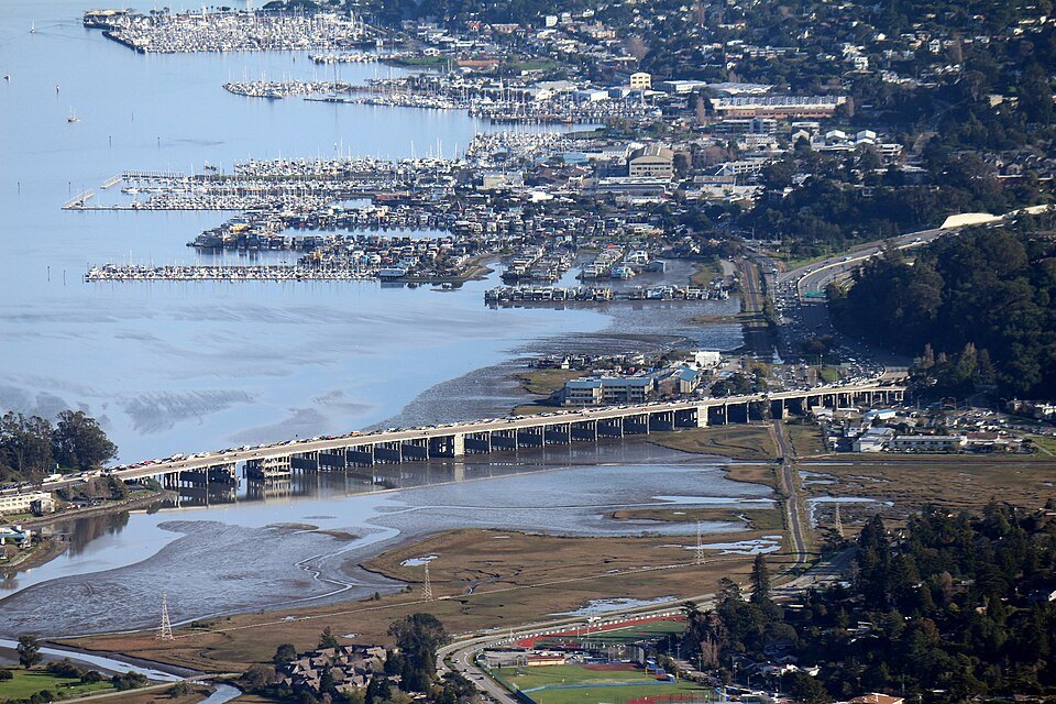 Sausalito's waterfront and the Richardson Bay Bridge from the slopes of Mount Tamalpais