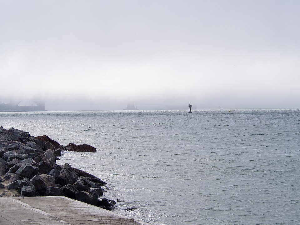 The bay and a buoy almost lost in the gray fog
