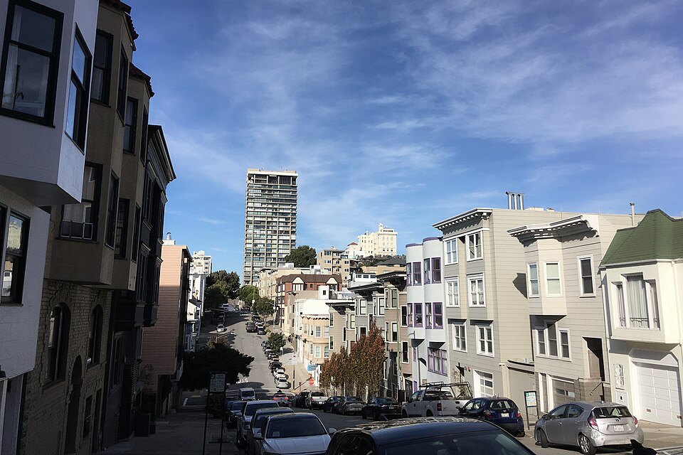 Russian Hill's apartment houses from the slope of Nob Hill