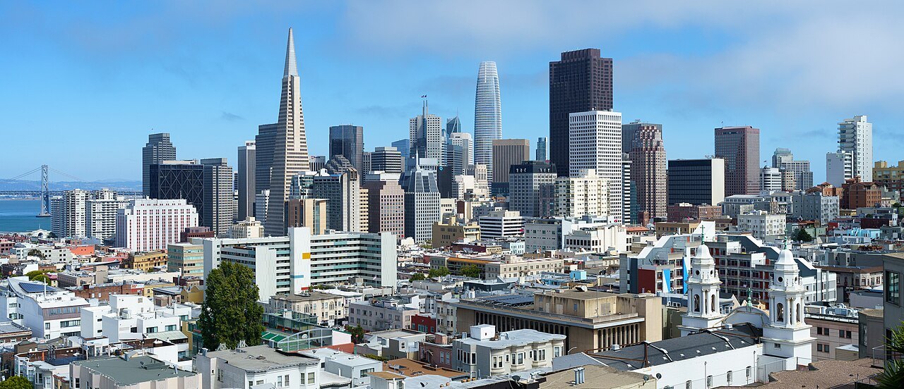 Downtown from Ina Coolbrith Park on Russian Hill, the Transamerica Pyramid among the towers