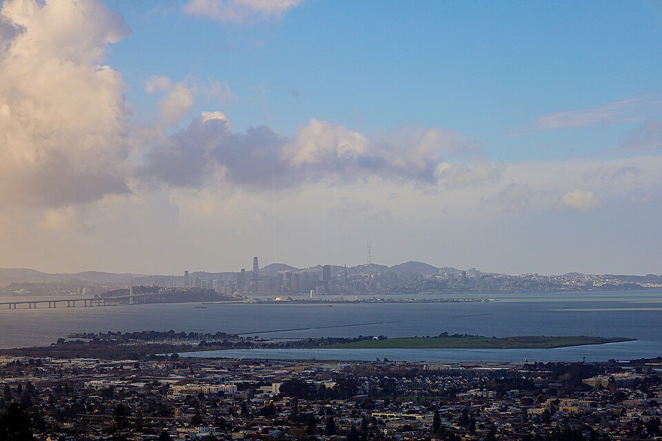 The city's skyline across the bay from the East Bay hills