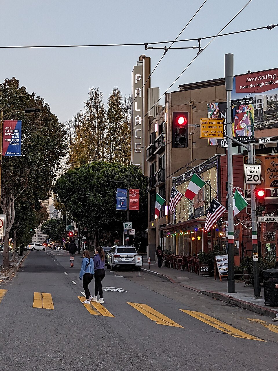 Columbus Avenue at Filbert Street in North Beach, Italian flags on the lamp posts