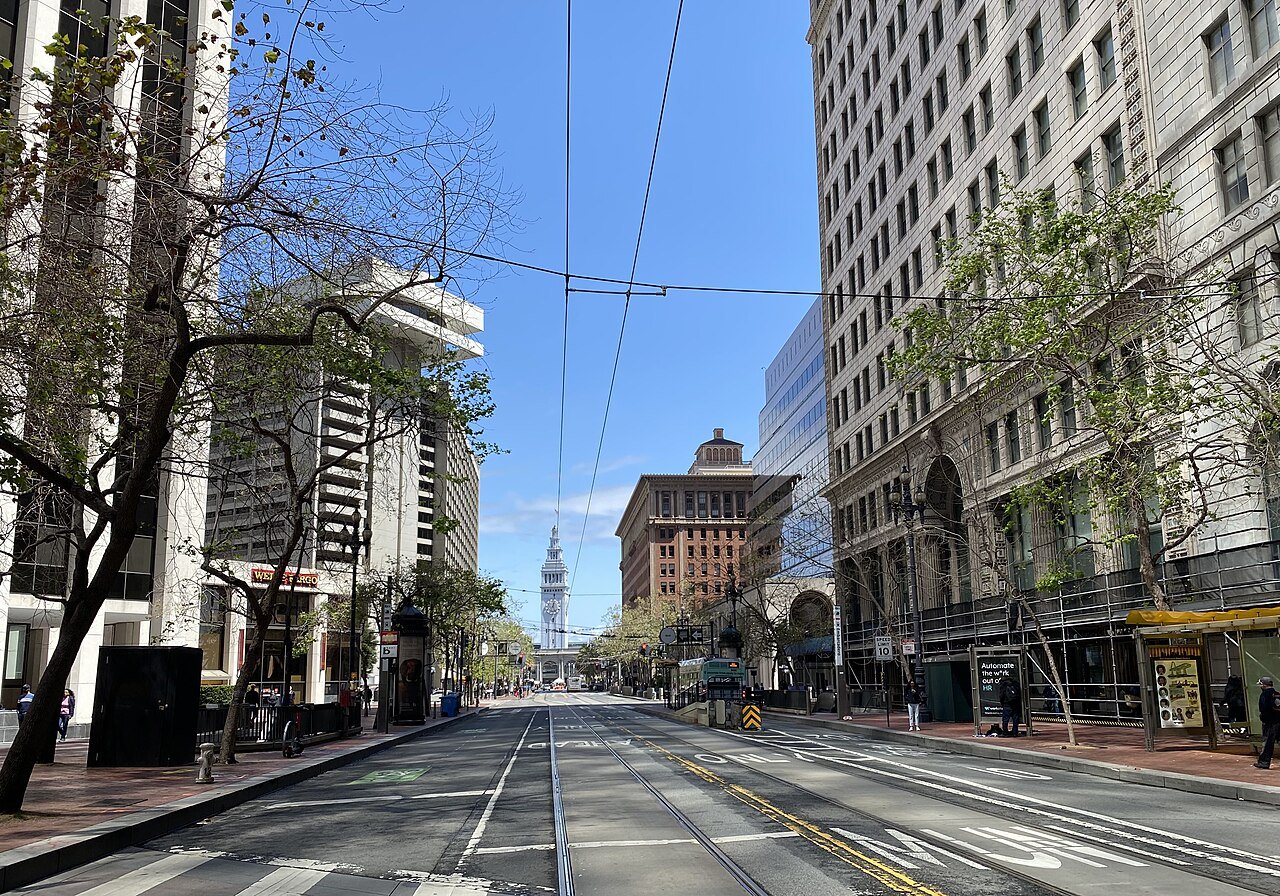 Market Street looking down to the Ferry Building's clock tower