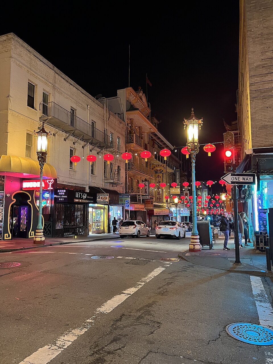 Lanterns over Grant Avenue at night