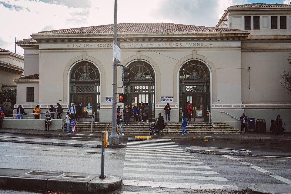 The old station building at Forest Hill, its crosswalk in front
