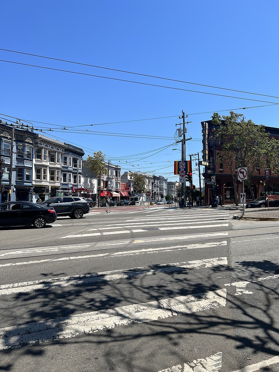 A residential street corner in the Richmond, its crosswalk in the shade