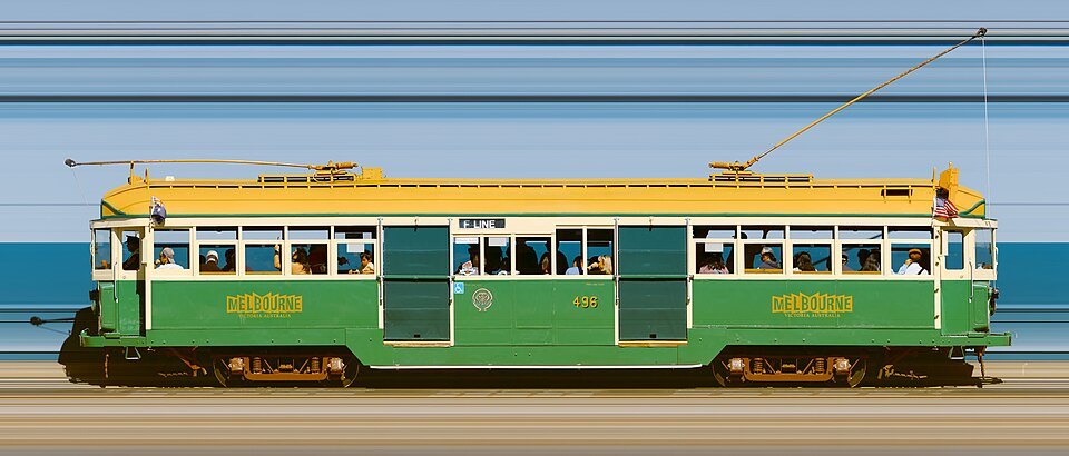 A green-and-cream tram from Melbourne, one of the F-line's visitors from abroad