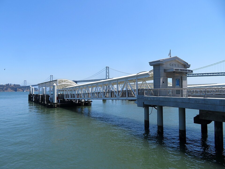 Gate E of the Ferry Building's ferry landings, the Bay Bridge behind