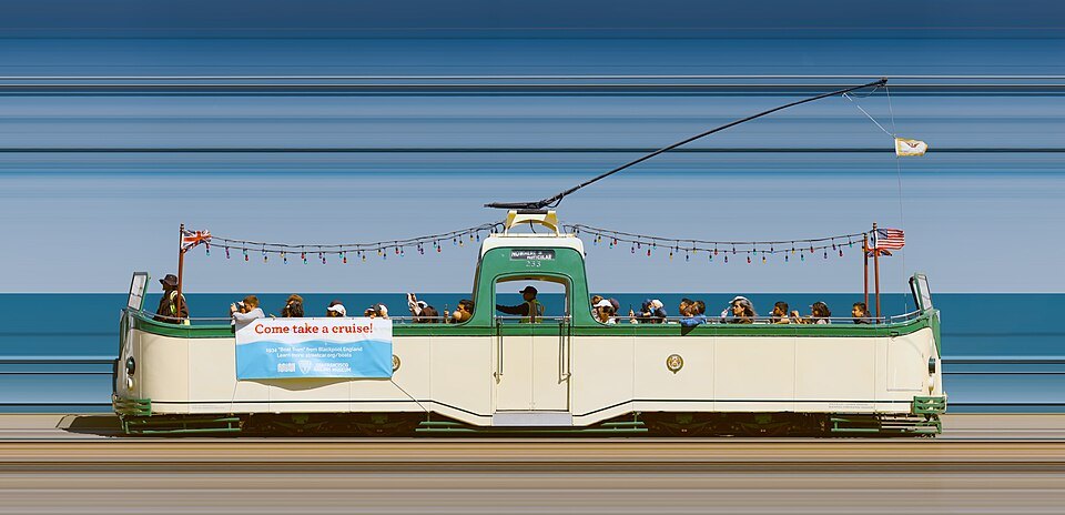 A heritage open-topped boat tram on the Embarcadero streetcar line