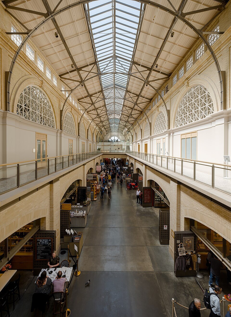 The long skylit nave of the Ferry Building, looking north over the marketplace