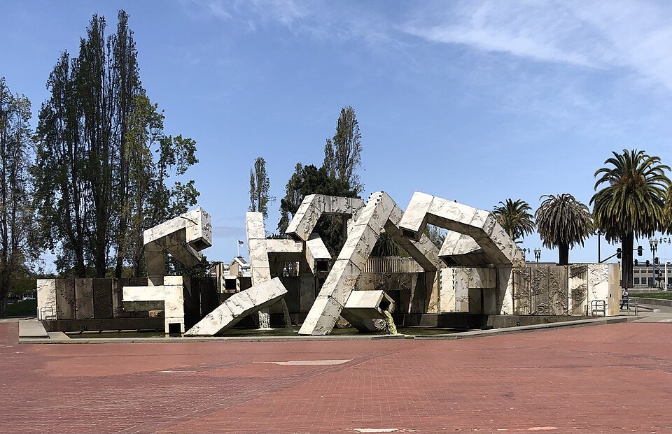 The Vaillancourt Fountain in Embarcadero Plaza, palms and trees around it