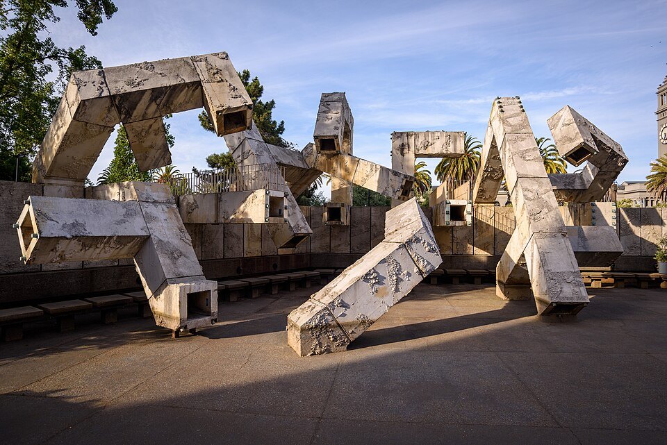 The angular concrete blocks of the Vaillancourt Fountain, dry, in Embarcadero Plaza