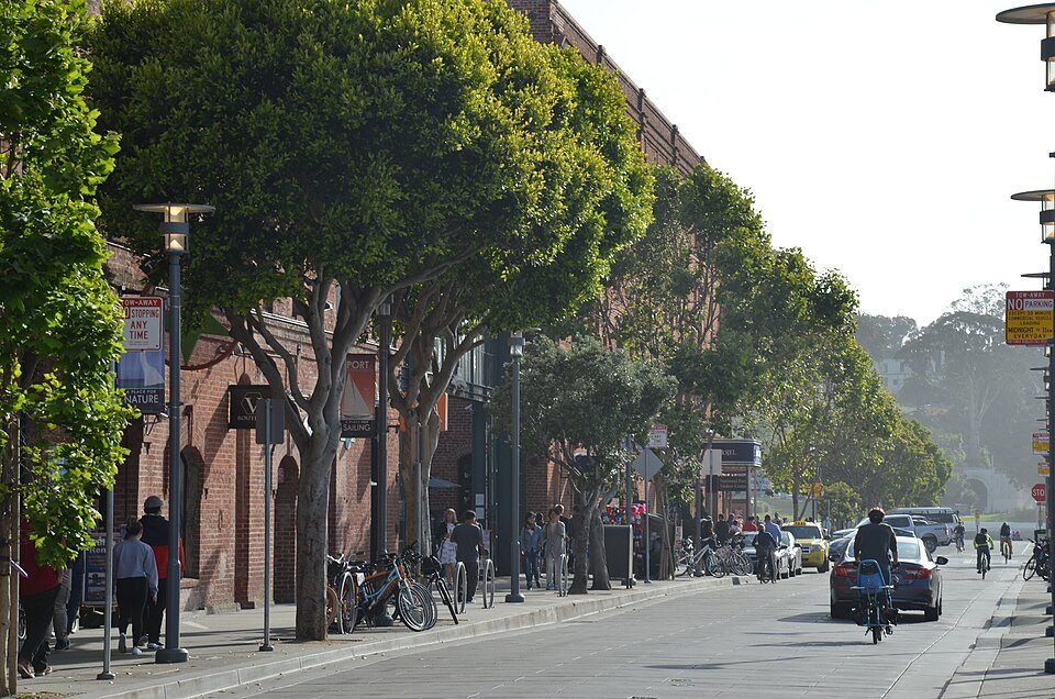 Jefferson Street at Fisherman's Wharf, brick buildings and trees along the sidewalk