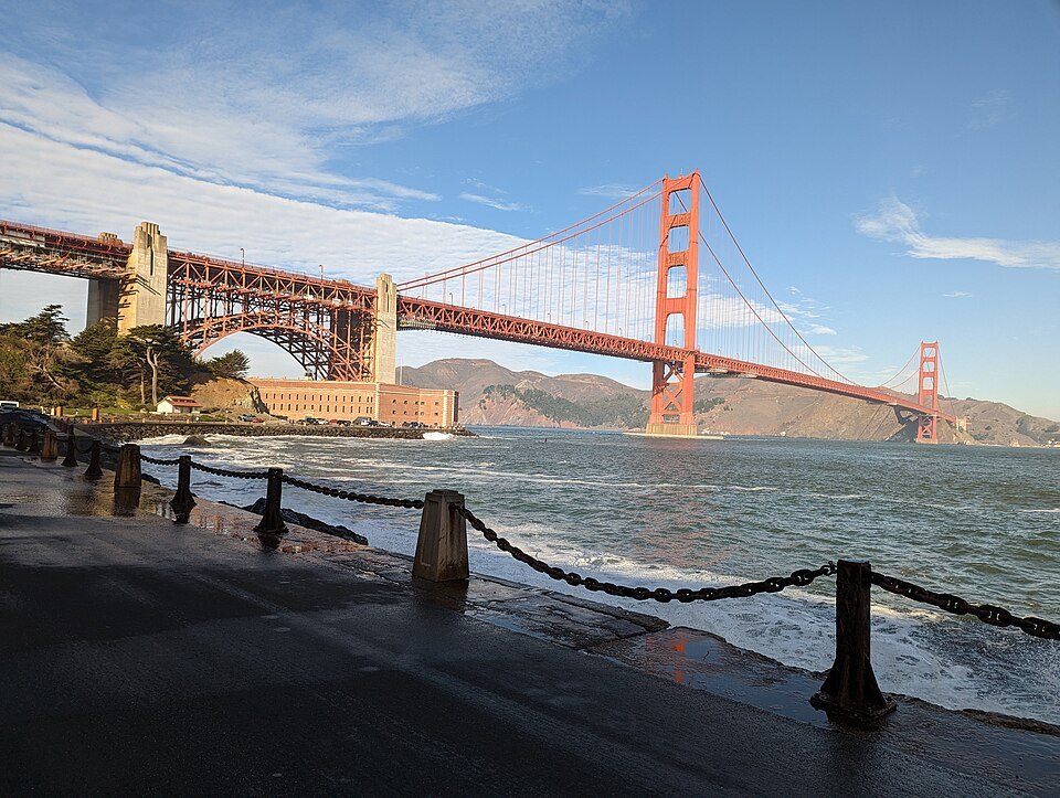 The bridge's south end from the seawall beside Fort Point