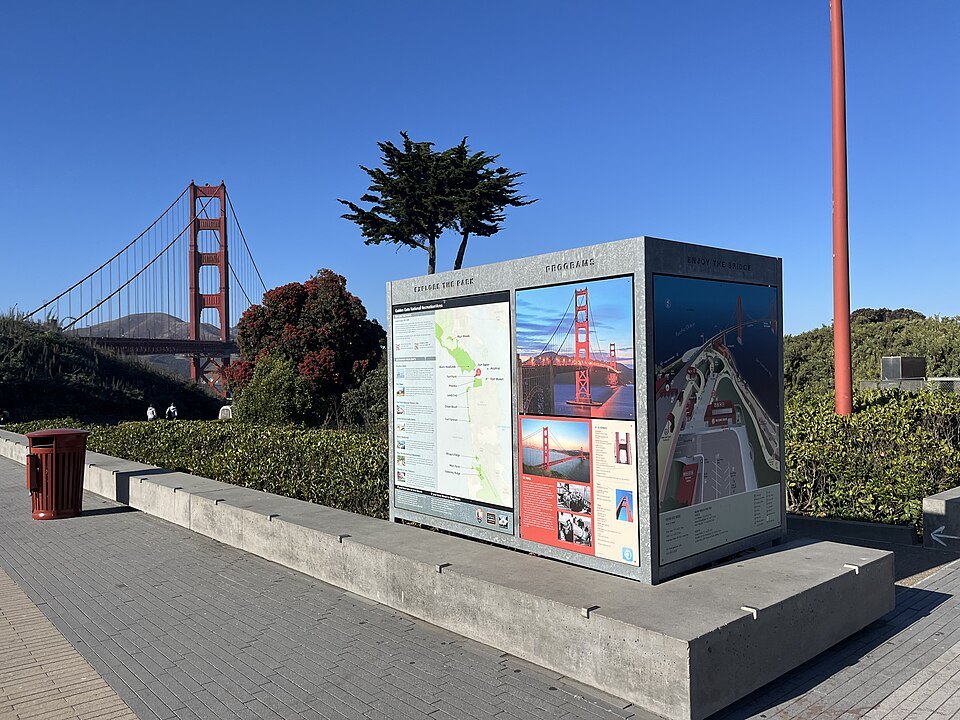 A map and information panel at the bridge's San Francisco end