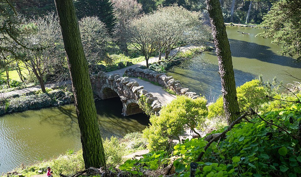 The stone bridge to Strawberry Hill across Stow Lake