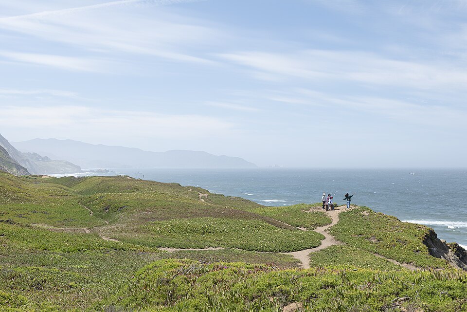Visitors on a clifftop path above the ocean, the coast stretching south
