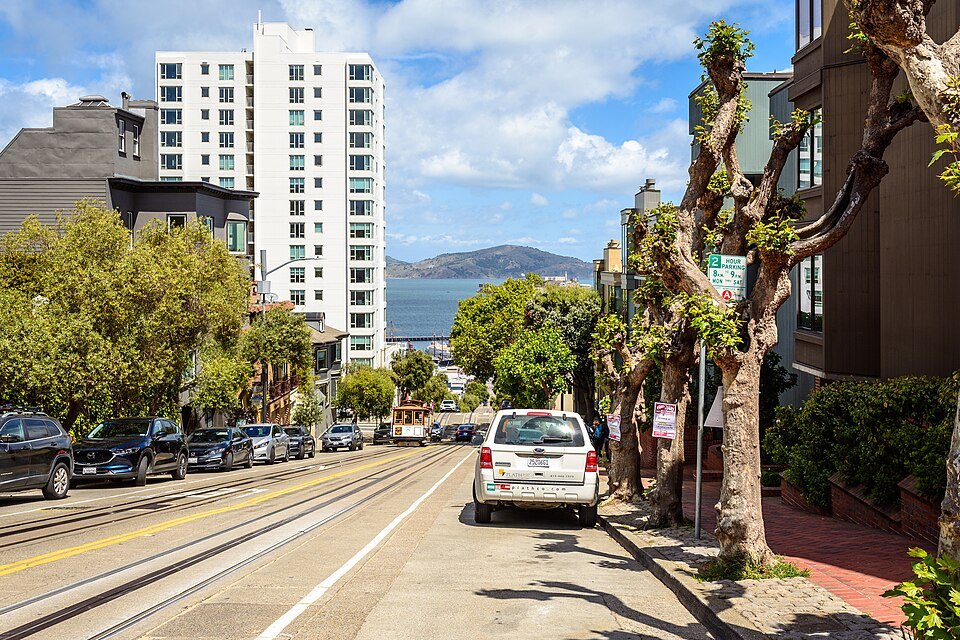 The cable car tracks down Hyde Street toward the bay and Alcatraz