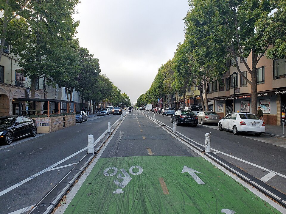 The green center bikeway down Valencia Street in the Mission