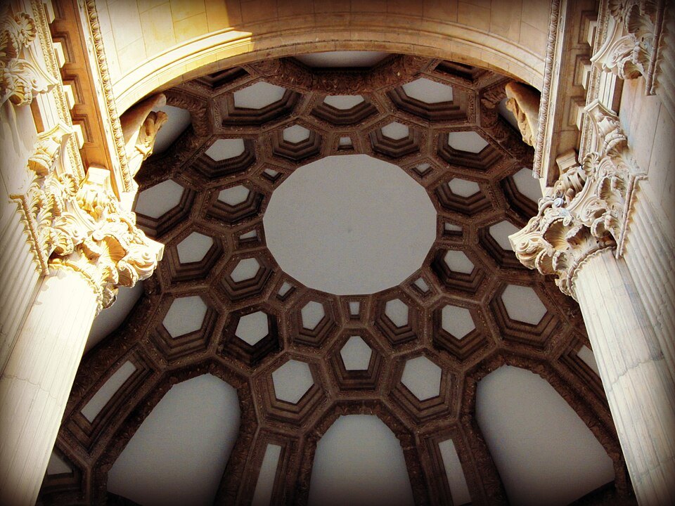 Looking up into the coffered dome of the rotunda