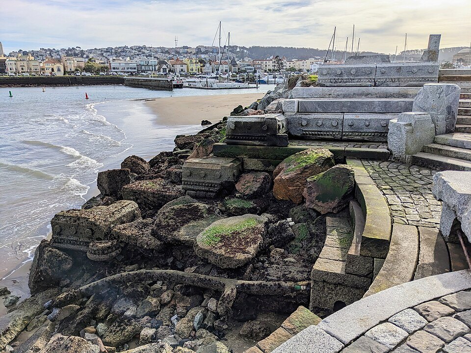 The Wave Organ's stone steps and seats at the tip of the Marina breakwater
