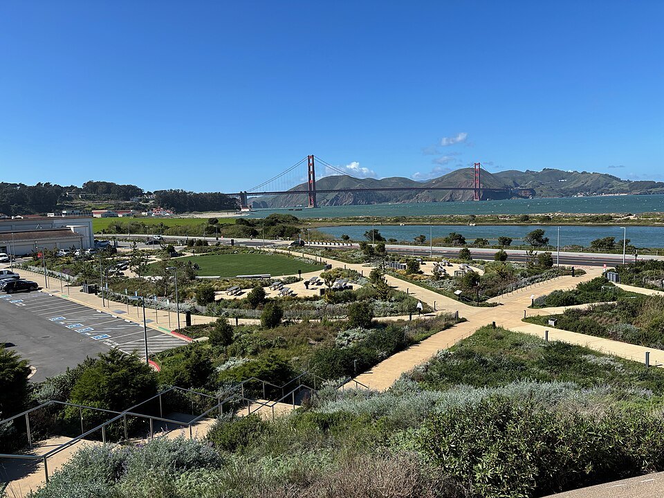 Outpost Meadow in the Presidio, looking across Crissy Field to the Golden Gate Bridge