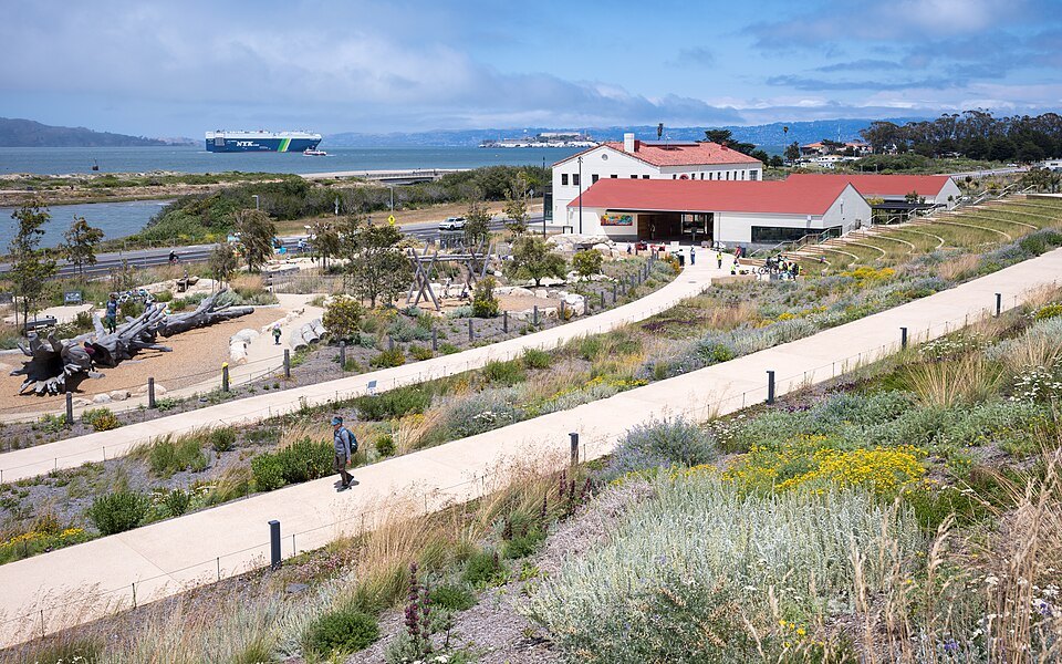 Tunnel Tops and the Presidio's shoreline, a ship passing out on the bay