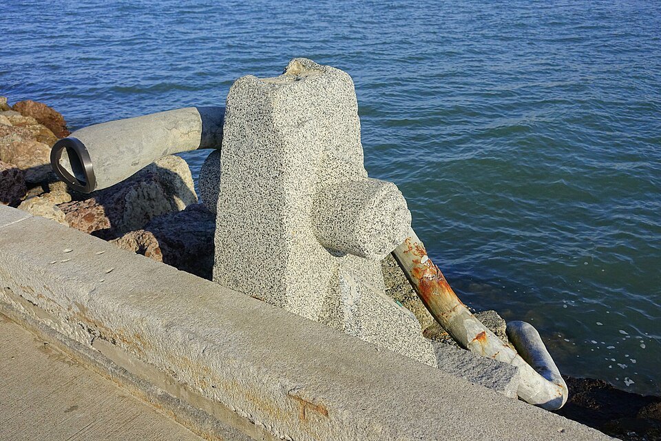 A granite piece of the Wave Organ with its pipe running down into the bay