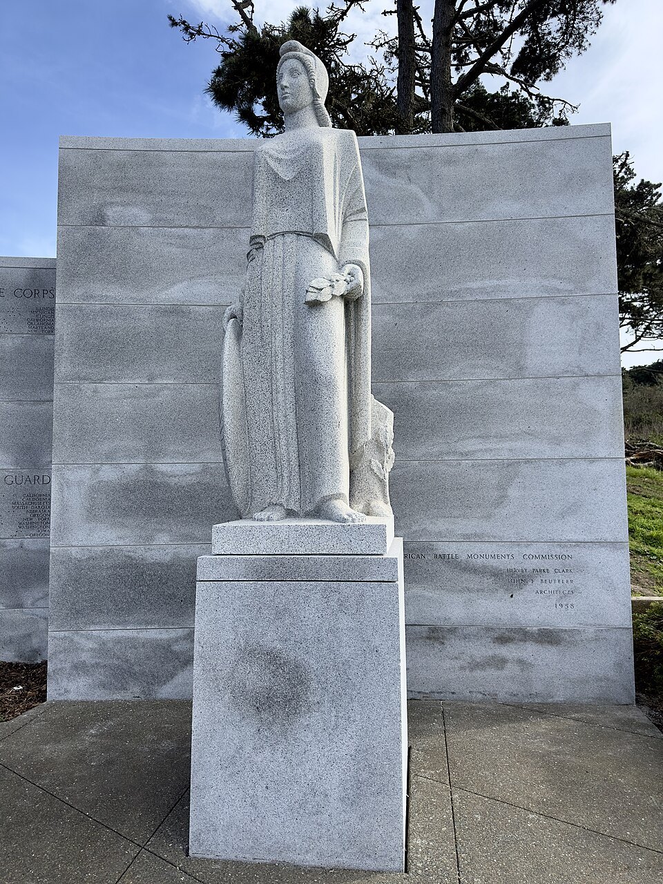 The stone figure of the West Coast Memorial to the Missing of World War II, in the Presidio
