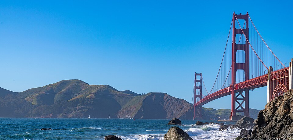 The Golden Gate Bridge from the beach below the Presidio, the Marin Headlands behind