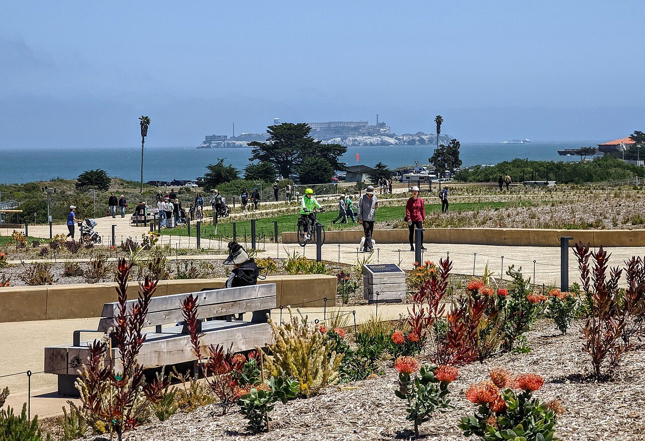 Paths and gardens at Tunnel Tops, Alcatraz out in the bay