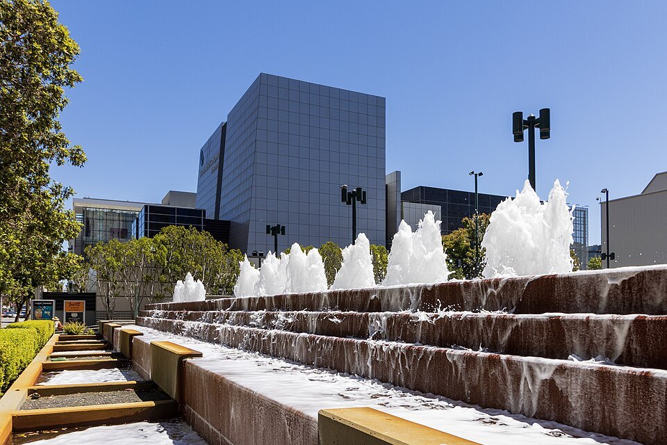 Fountains cascading down steps in Yerba Buena Gardens, the Moscone Center behind