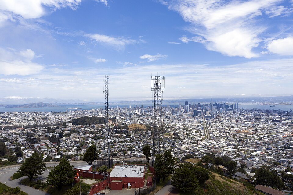 The Sutro Tower's masts on Twin Peaks, the whole city spread out below